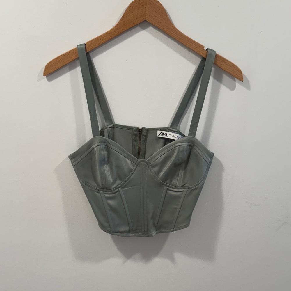Zara Metallic Mint Green Corset Crop Top
